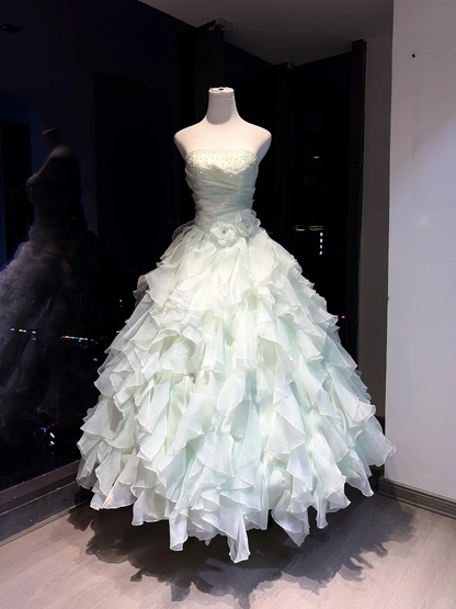 Light Mint Strapless Ball Gown Beaded Ruched 3D Rose Ruffle Organza Formal Dress  NV6960
