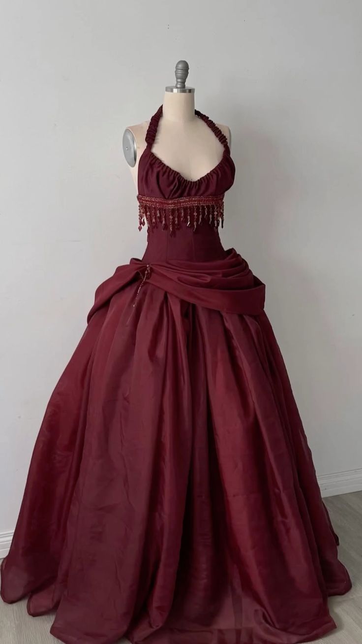 Halter Sleeveless Burgundy Satin Maxi Dress | Luxury Elegant Tassel Waist Ball Gown for Gala Ball NV6299