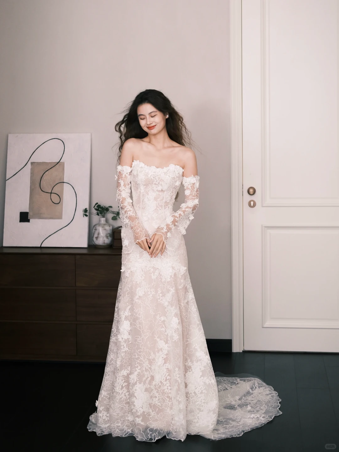 Strapless Mermaid Lace Wedding Dress with Detachable Sheer Long Sleeves  NV7383