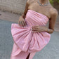 Pink Elegant Simple Unique Bow Satin Maxi Dress Long Slit Ball Gown Evening Dress nv2735