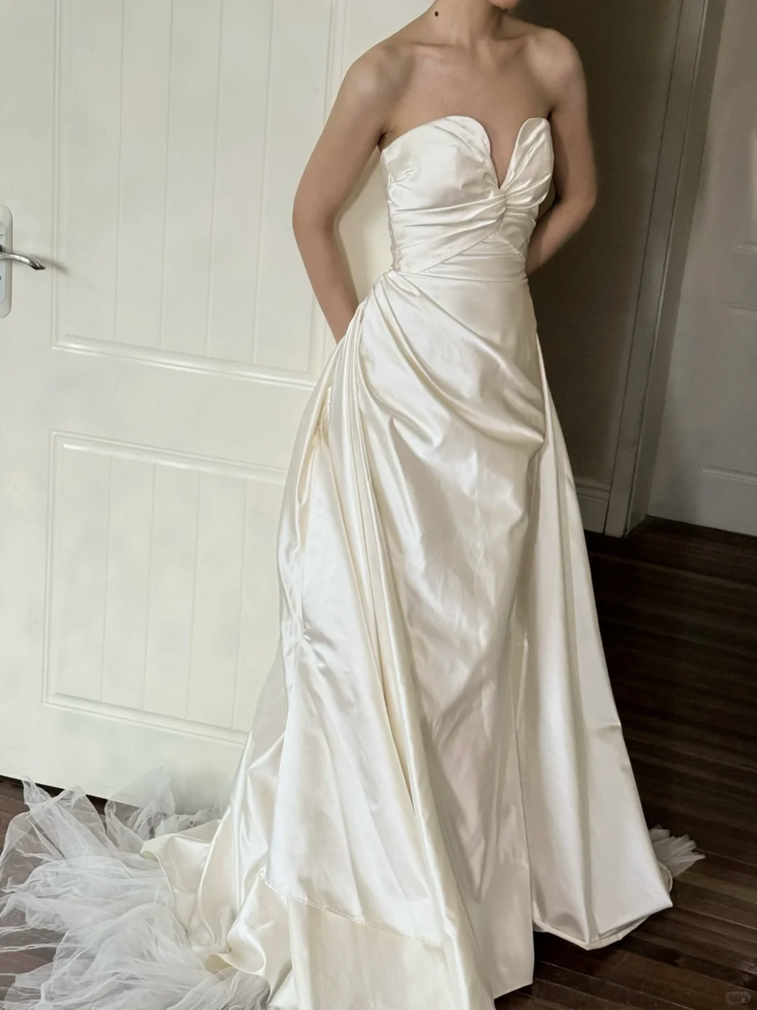 Ivory Strapless Twisted Knot Satin A-Line Wedding Gown  NV7189