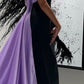 Black contrast purple ribbon long satin floor-length ball gown evening dress nv2739