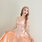 Peach Pink Spaghetti Strap Satin Ball Gown A-Line Prom Dress  NV7177