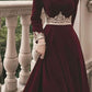 Burgundy Elegant Vintage Impressive A-Line Velvet with Appliques Long Sleeves Floor Length Round Neck Fall Long Prom Dress Formal Evening Dress Christmas Dress Halloween Wedding Guest Party Dress nv2568