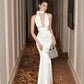 White Simple Elegant V-neck Mermaid Fishtail Satin Long Ball Gown Sleeveless Evening Gown Party Dress nv2478