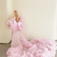Pink Strapless Sequin Mermaid Gown 3D Cloud Tulle Train with Cape  NV7182