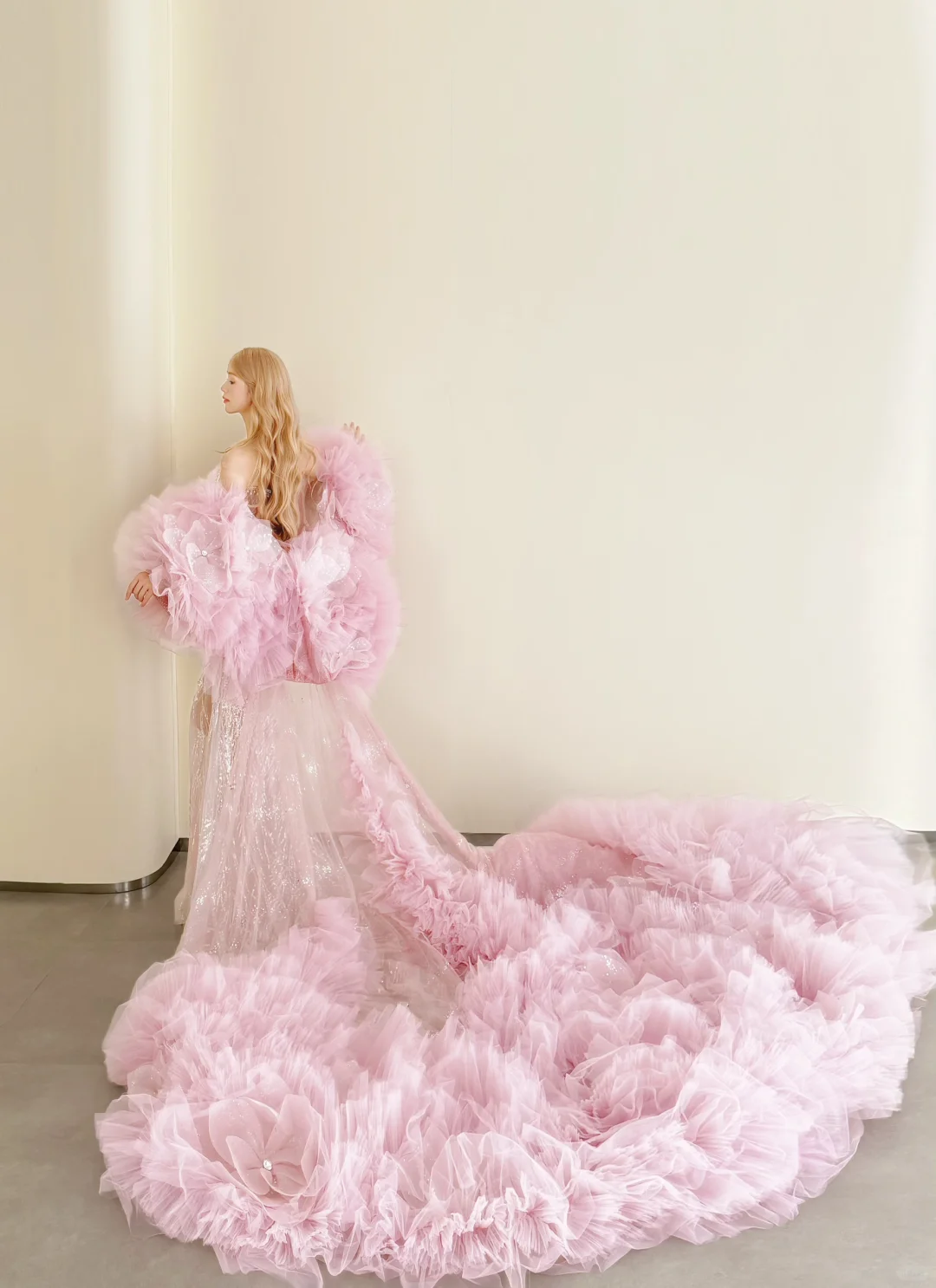 Pink Strapless Sequin Mermaid Gown 3D Cloud Tulle Train with Cape  NV7182