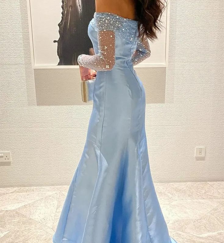 Blue Simple Fashion Elegant Shiny Mermaid Off-the-shoulder Long Sleeves Long Prom Dress Party Dress Evening Gown Sleeves with Sequins nv2556