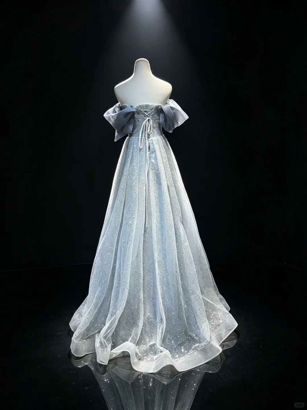 Off Shoulder Dusty Blue Princess Prom Dress Big Bow Sparkly Tulle Ball Gown  NV6976