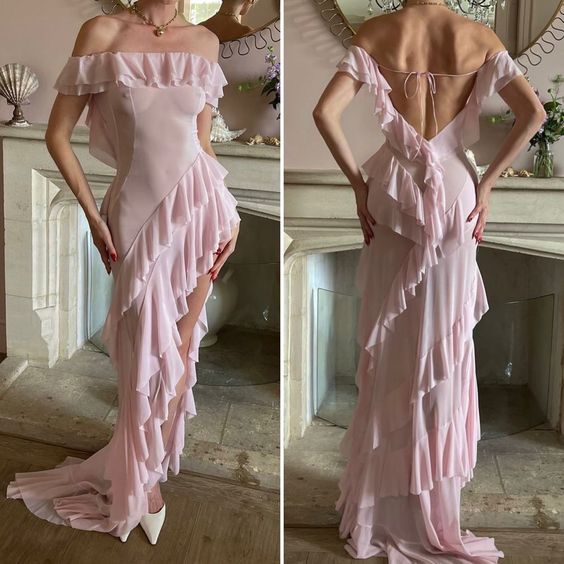 Pink Chiffon Ruffle Slit Beach Style Midi Evening Dress Ball Gown Party Dress nv1963