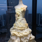 Strapless Cream Yellow Vintage Ball Gown 3D Rose Pearl Chain Lace Tiered Bubble Ruffle Prom Dress  NV7030