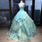 Ice Blue Strapless Princess Ball Gown Beaded Embroidery 3D Flower Ruched Satin Tiered Organza Long Evening Gown  NV7001