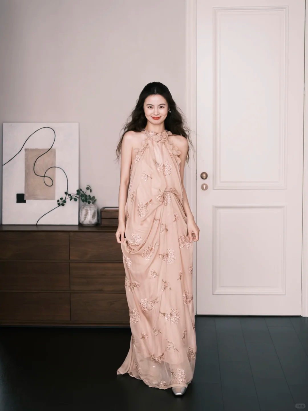 Nude Pink Halter Chiffon Prom Dress 3D Floral Beaded Evening Gown  NV7209