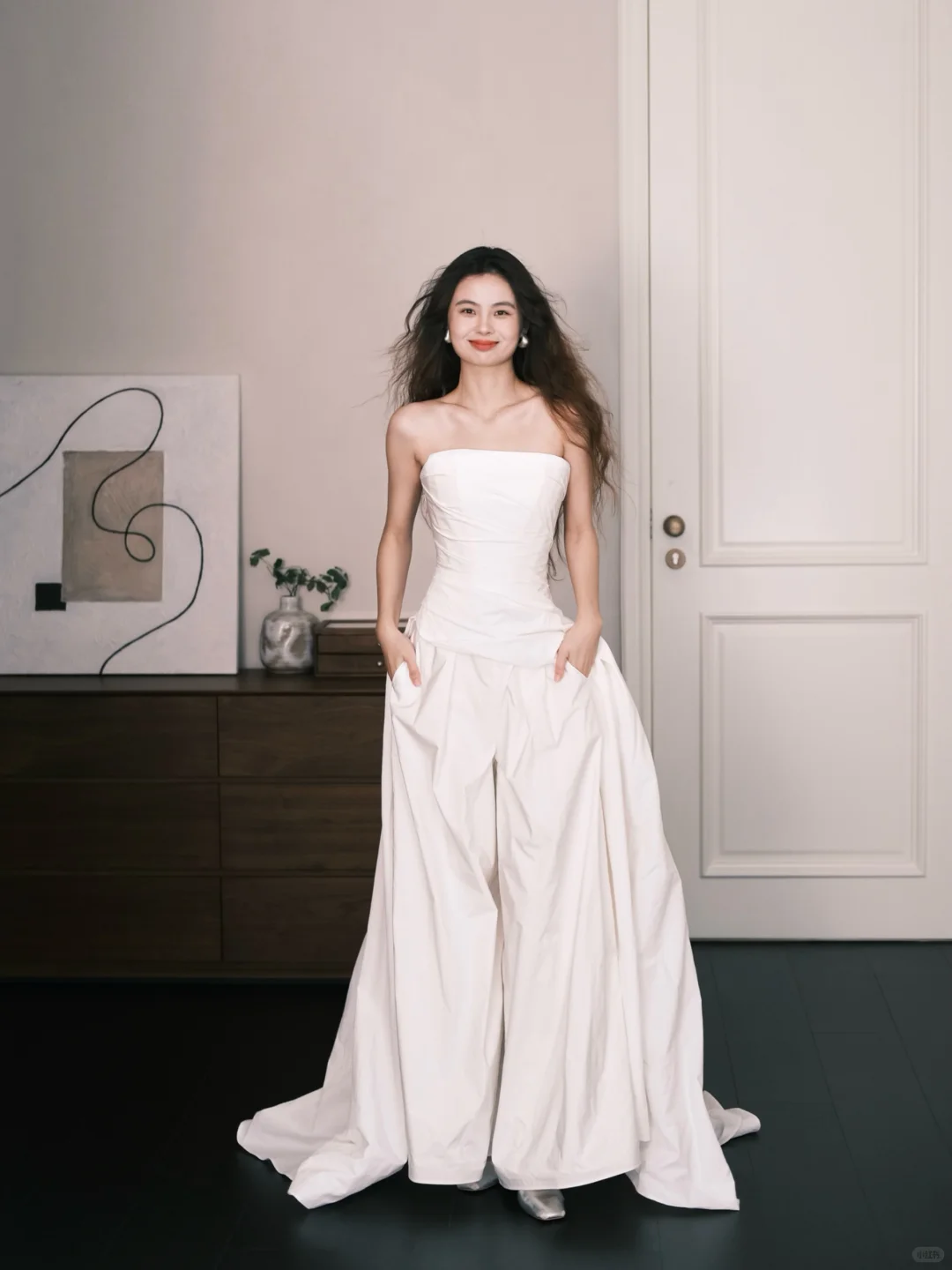 Strapless Ruched White Bridal Jumpsuit with Pockets & Train  NV7365