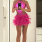 Pink Shiny Fashion Strapless Short Feather Ball Gown Evening Dress Party Dress nv3503