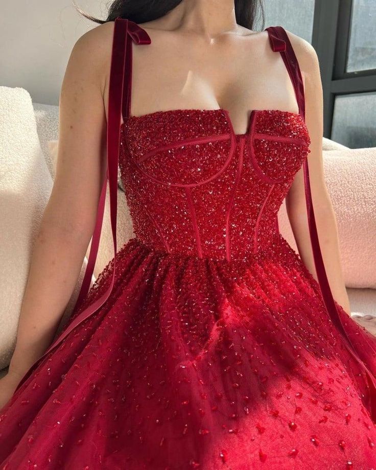 Red shiny sequins spaghetti straps bow long dress long ball gown evening dress nv2732