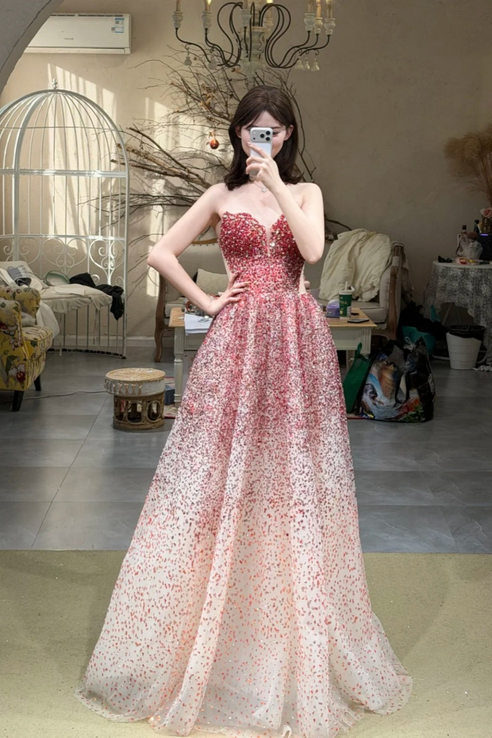 Dreamy Gradient Style Strapless Sleeveless Gown | Pink-Rose Sequin Tulle Ballgown Maxi Dress for Gala Ball Engagement Luxury Party NV6272
