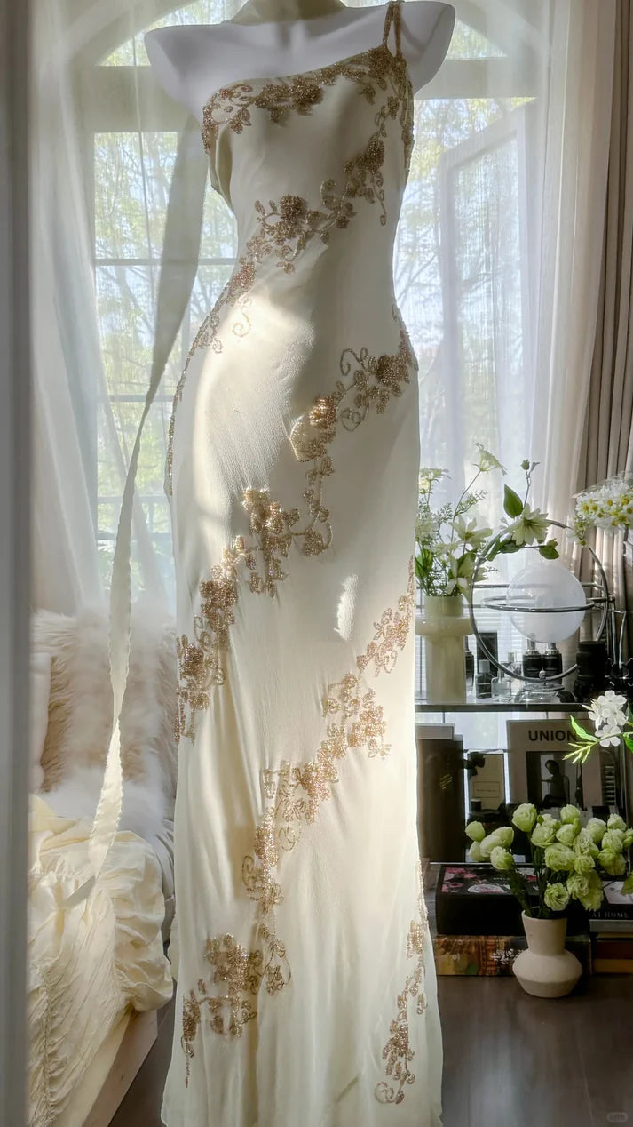 Ivory White Vintage Fashion One Shoulder Exquisite Beaded Long Chiffon Ball Gown Birthday Party Dress Cocktail Party Dress Evening Dress Prom Dress nv4904