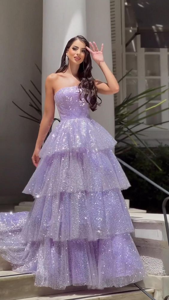 Light Purple Sparkling Tulle Sequin A-Line Long Tiered Ball Gown Evening Dress nv2651