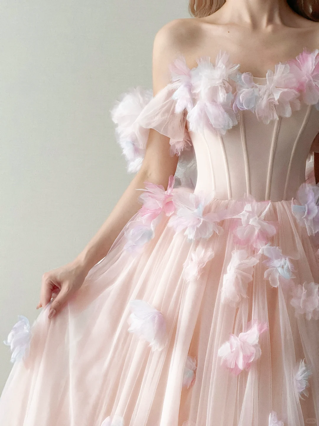 Off Shoulder Blush Pink Tulle Ball Gown 3D Floral Prom Dress  NV7125
