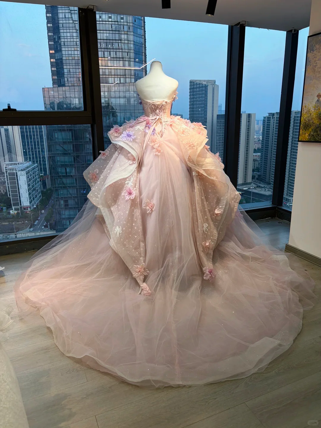 Pink Lavender Strapless Ball Gown 3D Floral Satin Bow Lace Corset Fairy Prom Dress  NV6950