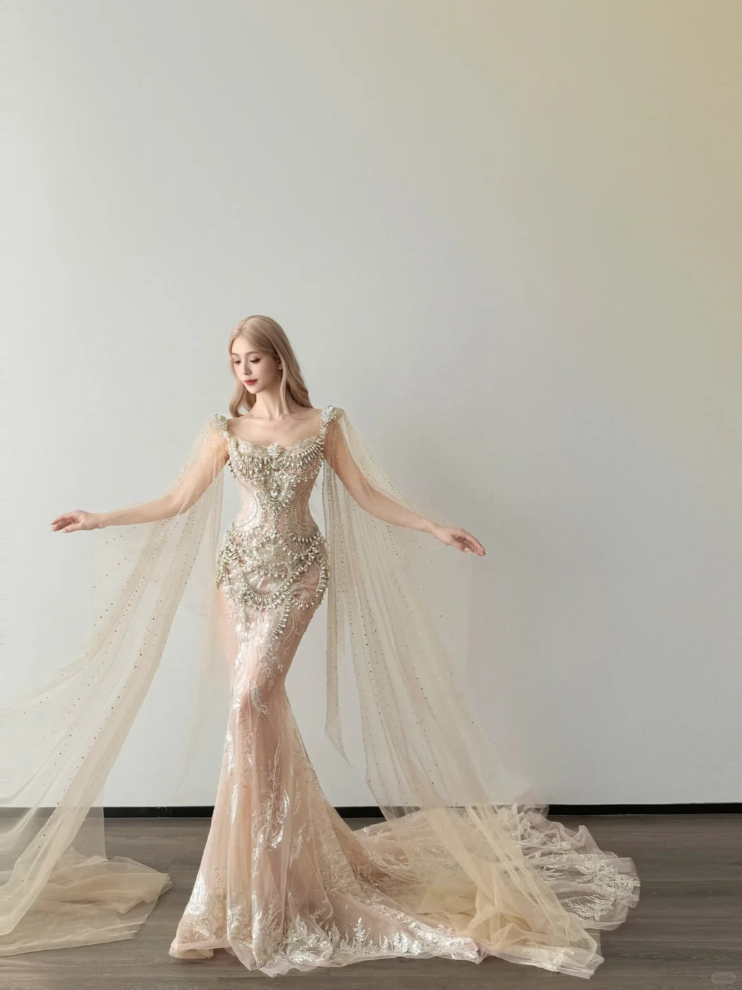 Champagne Sweetheart Sheer Mermaid Dress Beaded Tulle Cape Wedding Gown  NV7145
