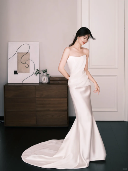 Strapless Satin Mermaid Bridal Gown, Ruched Bodice Minimalist Wedding Dress  NV7257