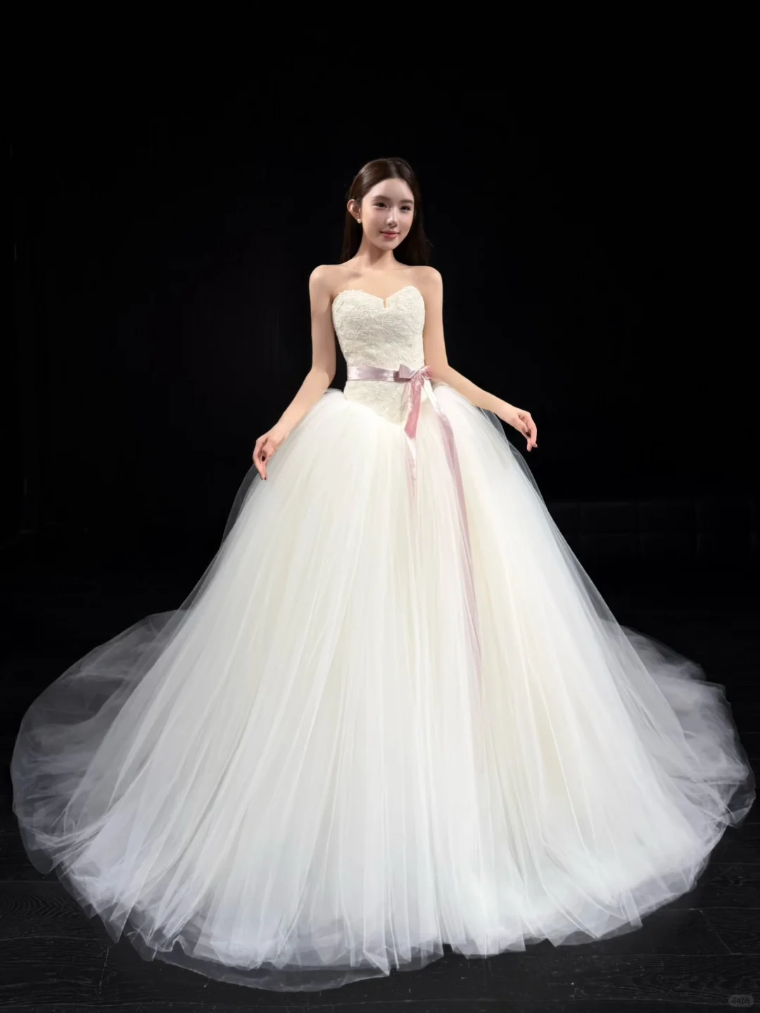 Ivory Strapless Lace Tulle A-Line Wedding Gown with Pink Satin Bow  NV7185