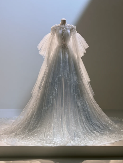 Ombre White Light Blue Bubble Texture Tulle Wedding Dress with Flutter Sleeve & Long Train  NV7484