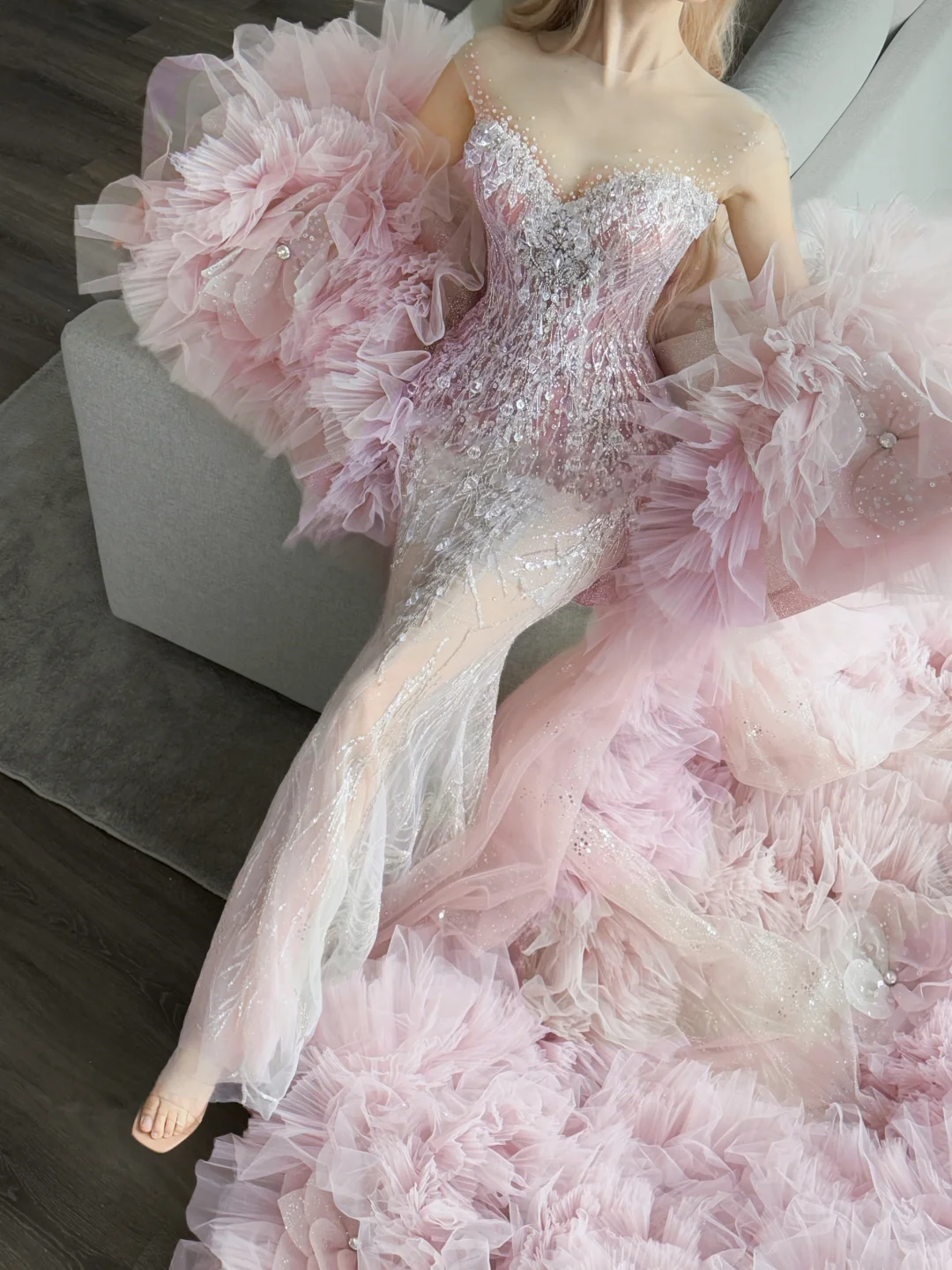 Pink Illusion Neck Beaded Mermaid Prom Dress Sheer Tulle Sweep Train  NV7133