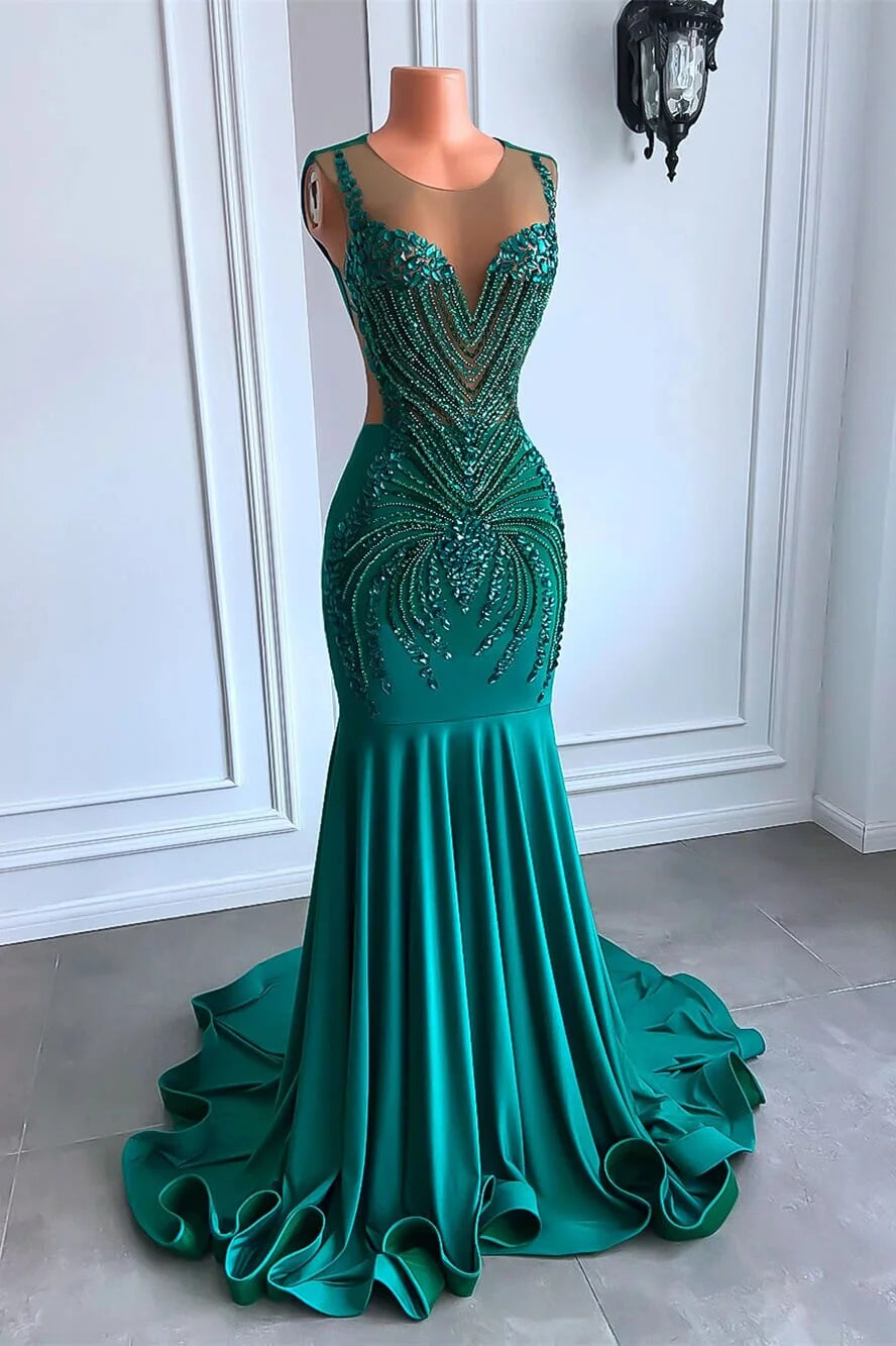 Emerald Green Sleeveless Mermaid Long Slim Fit Ball Gown Evening Dress Beaded Crystal nv2835