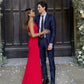 Red simple and elegant one shoulder wedding guest dress long ball gown evening dress nv2650