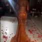 Orange Luxury Shiny Beading V-Neck Sexy Elegant Mermaid Slim Fit Long Floor Length Train Ball Gown Evening Dress Party Dress Sleeveless 17th Birthday Outfit nv1406