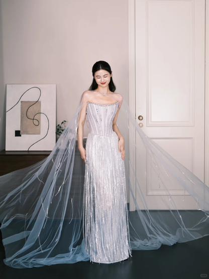Light Silver Beaded Fringe Mermaid Prom Gown With Sheer Tulle Cape  NV7276