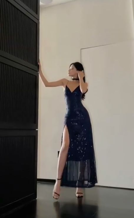 Navy Blue Fashion Elegant Low Cut V Neck Sequined Long Tulle Slit Evening Dress Prom Party Dress nv2609