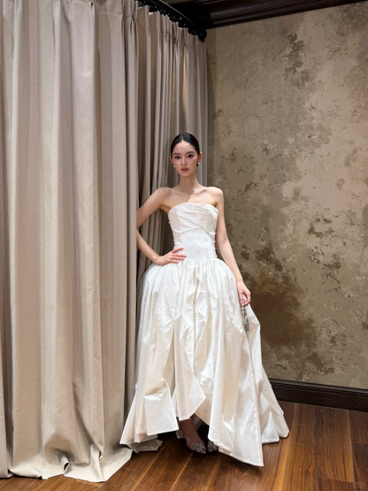 Ivory Strapless Twisted Draped Satin A-Line Wedding Gown  NV7194
