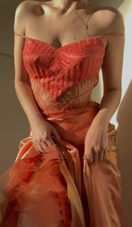 Orange Beaded Long Satin prom dress Evening Dress Party Dress nv4589