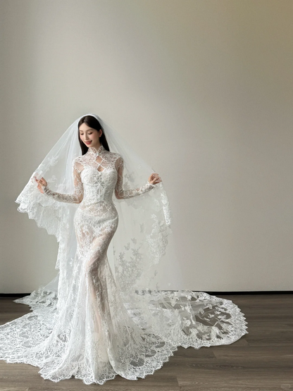 High Neck Long Sleeve Lace Mermaid Wedding Dress Detachable Overskirt Bridal Gown  NV7127