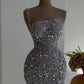 Silver Gorgeous Shiny Sequins One Shoulder Fashion Short Mini Party Dress Evening Gown nv3001