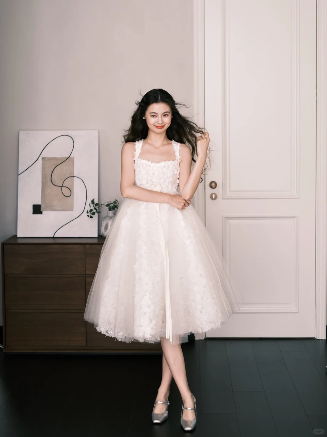 Square Neck 3D Floral Short Tulle Gown, Wide Strap Bridal Dress  NV7263