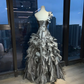 Strapless Dark Grey Mermaid Gown Sweetheart Ruched Hand Beaded 3D Flower Tiered Ruffle Organza Prom Dress  NV7029