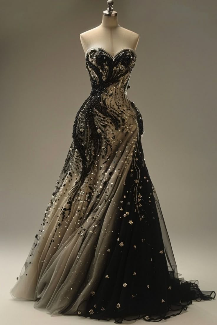 NiceVestidos-Black-Grey Gradient Tulle Strapless Beaded Embroidery-Embellished Floor-Length Mermaid Gown NV6213