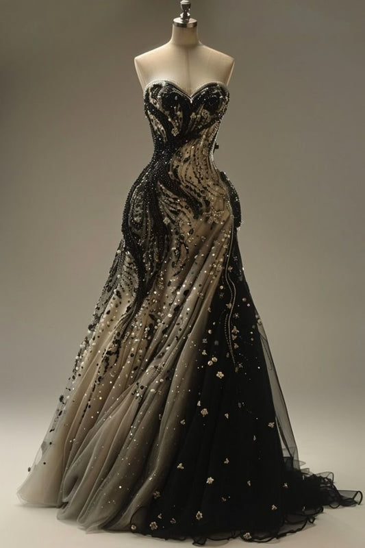 NiceVestidos-Black-Grey Gradient Tulle Strapless Beaded Embroidery-Embellished Floor-Length Mermaid Gown NV6213