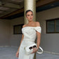 White off-shoulder simple elegant satin long ball gown evening dress party dress nv2342