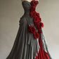 Grey Vintage Exquisite Floral Applique Long Tulle Ball Gown Evening Dress Party Dress Prom nv3453