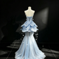 Light Blue Strapless 3D Petal Mermaid Evening Gown Sequin Rhinestone Beaded Tassel 2-in-1 Tulle Long Train Prom Dress  NV6998