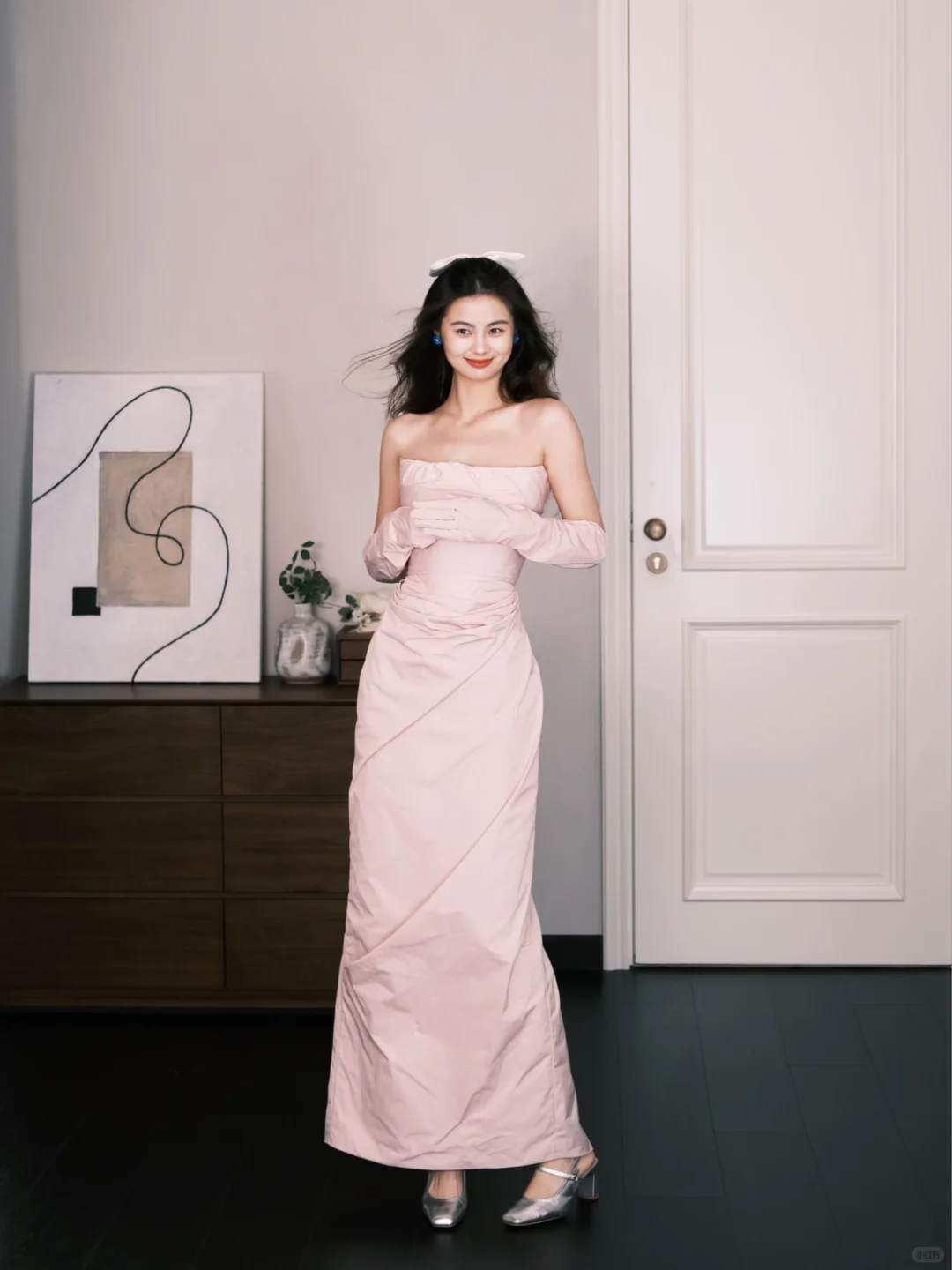 Blush Pink Strapless Ruched Evening Gown with Gloves  NV7298