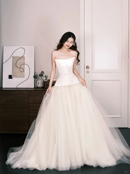 Strapless Satin Tulle Wedding Dress, Ivory Princess Bridal Ballgown  NV7291
