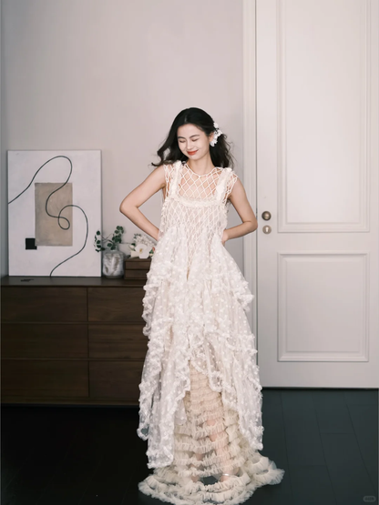 Ivory Mesh Cutout 3D Floral Ruffle Tulle Wedding Dress  NV7299