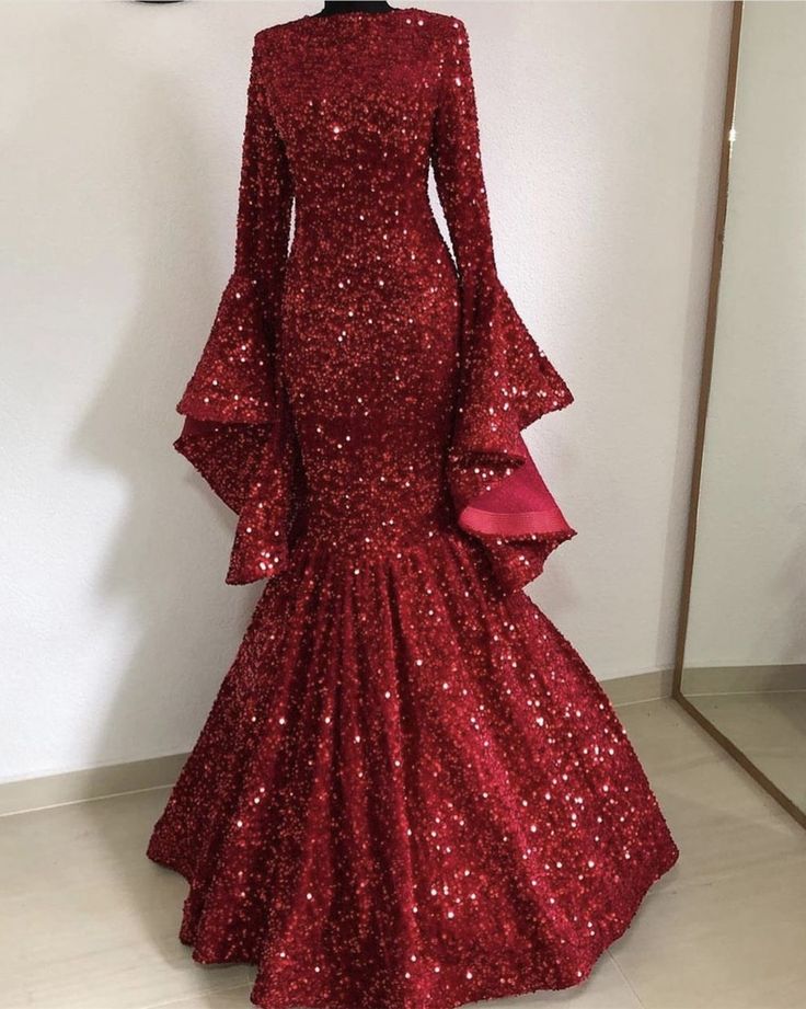 NiceVestidos – Langärmeliges, königsblaues Paillettenkleid, schlichtes burgunderrotes Ballkleid NV6060